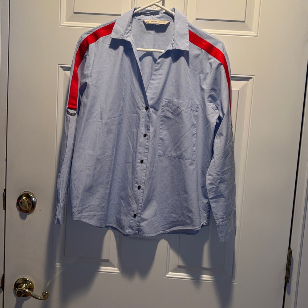 Zara Light Blue Shirt with Red Stripes